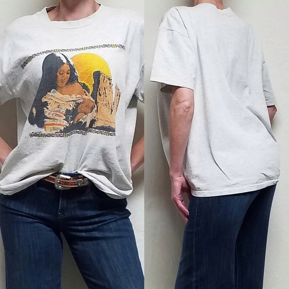 Vintage One Of A Kind Native American Mother Child Gray Single Stitch Tee Large - Picture 1 of 16